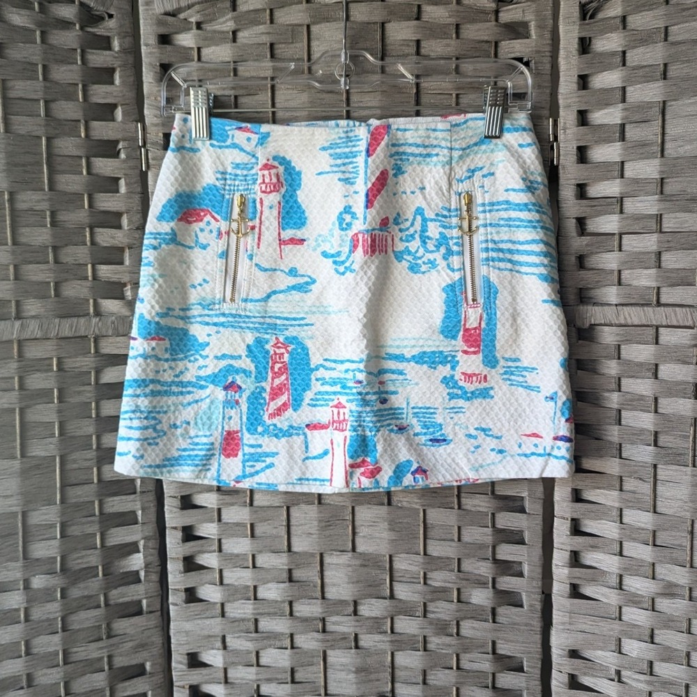 Lilly Pulitzer Skirt Blue Pink Lighthouse Seersucker Anchor Hardware Gold Sz 00